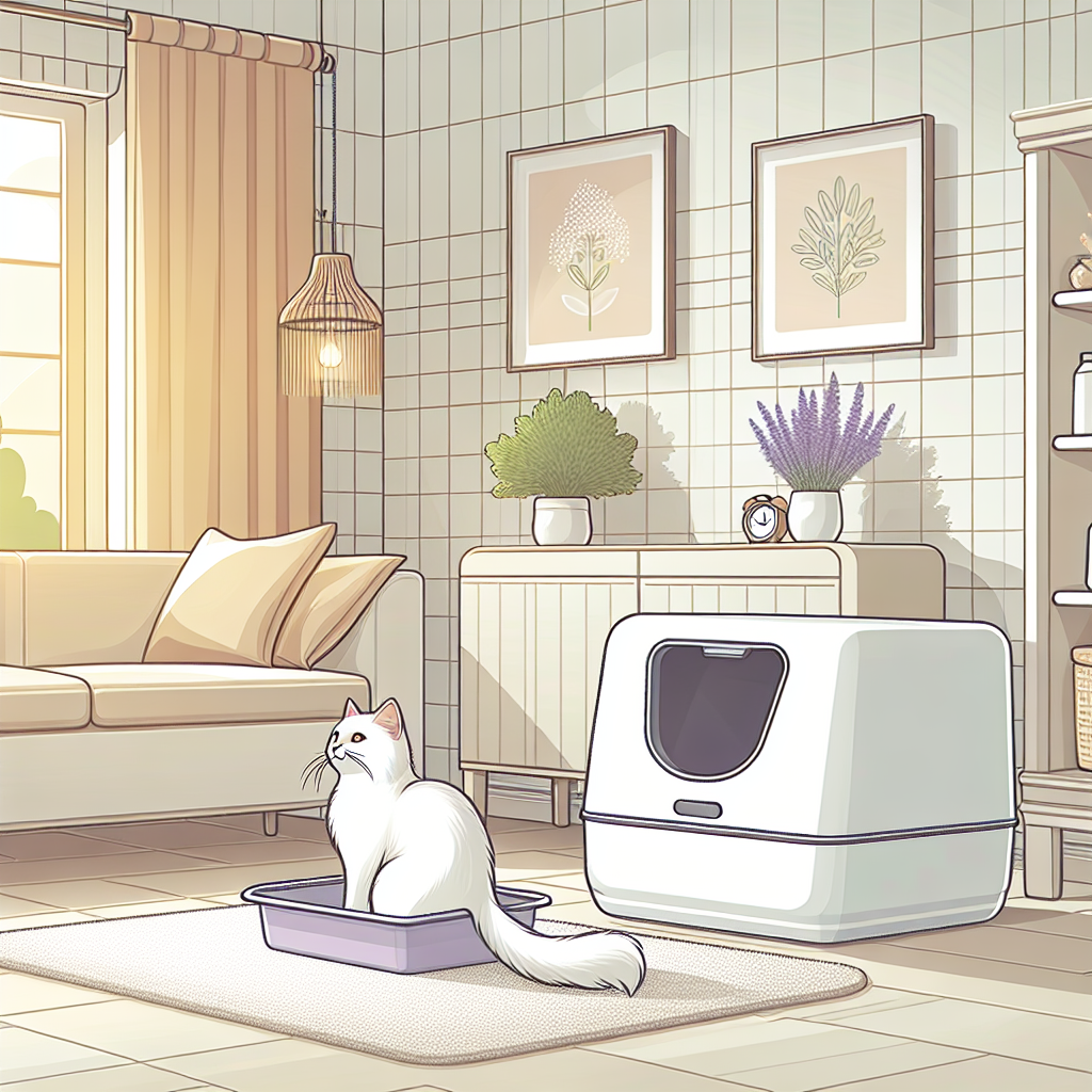 Chat tigré mangeant des croquettes dans une gamelle moderne, avec un bac à litière automatique en arrière-plan dans un intérieur contemporain