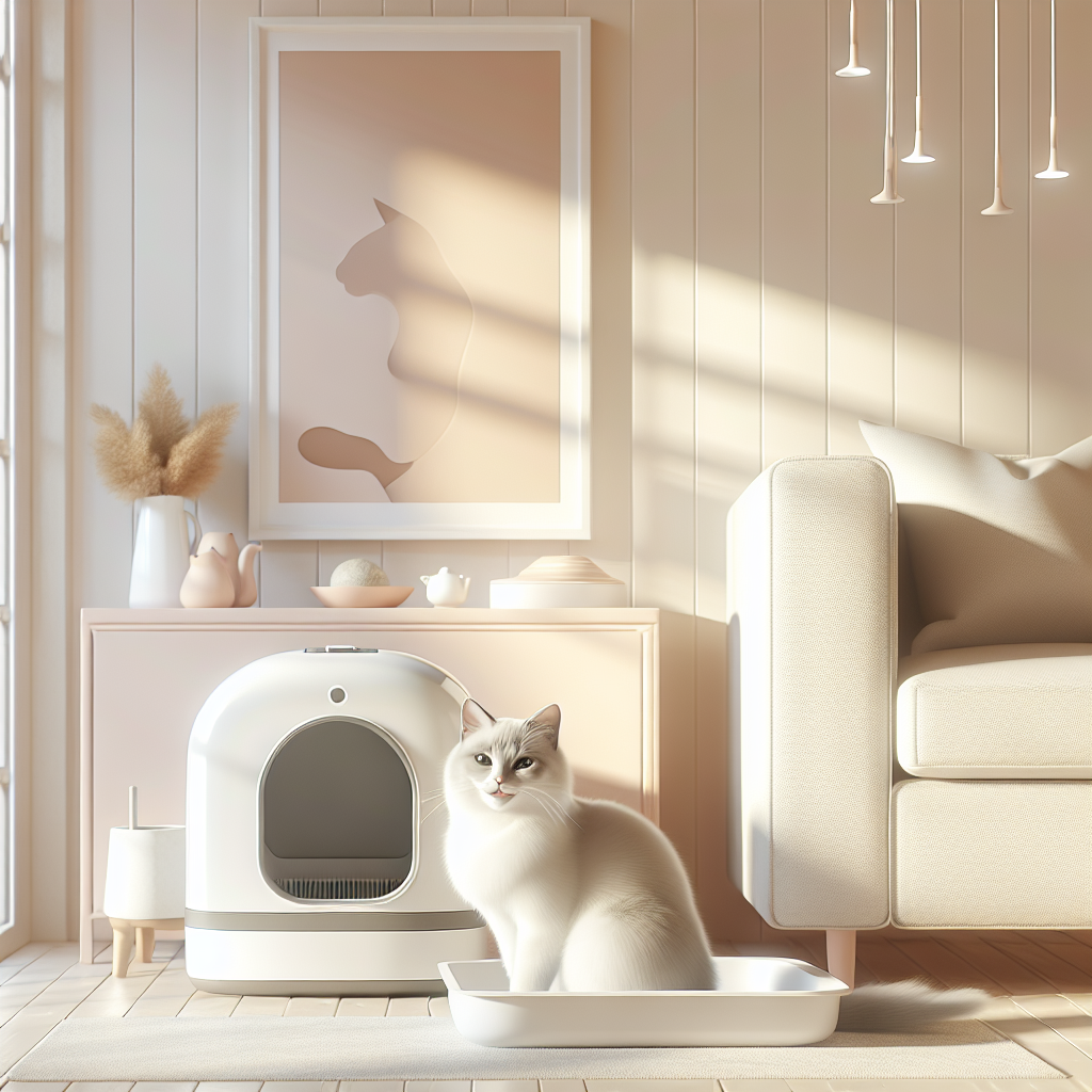 Litière automatique moderne avec mécanisme de nettoyage visible et chat tigré s'approchant du bac propre