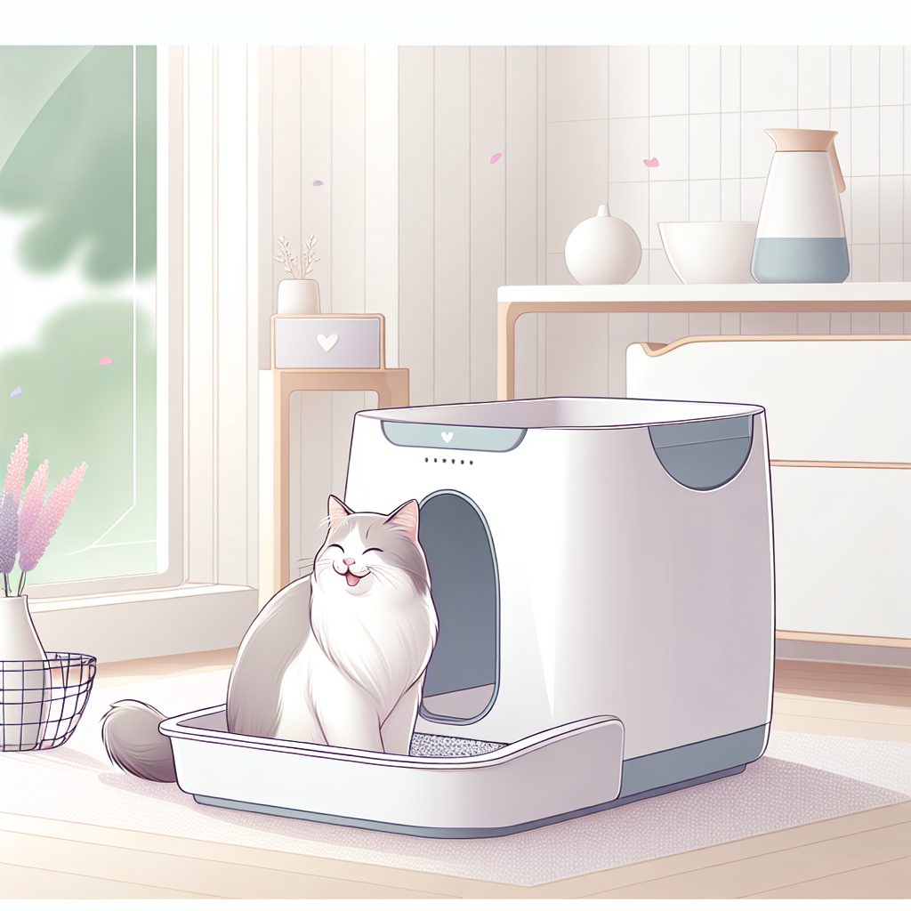 Chat utilisant une litière automatique moderne dans un intérieur épuré et lumineux