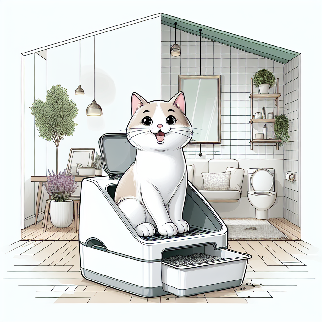 Litière automatique moderne dans un intérieur épuré avec un chat tigré qui s'en approche sereinement