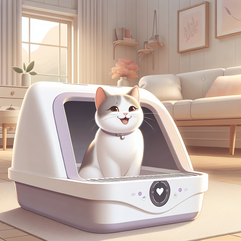 Litière intelligente automatique dans un intérieur moderne avec un chat tigré à côté, illustrant le confort et la propreté