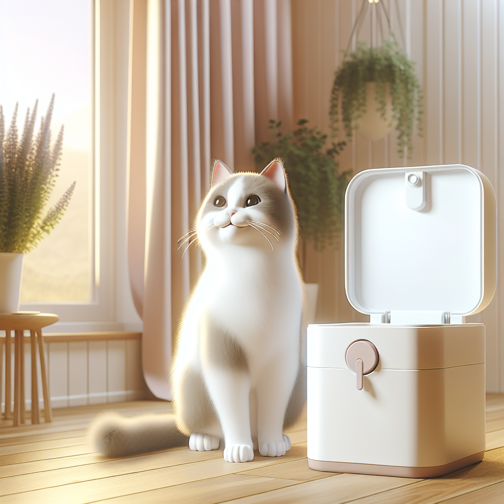 Chat curieux découvrant une litière connectée moderne dans un intérieur contemporain et lumineux