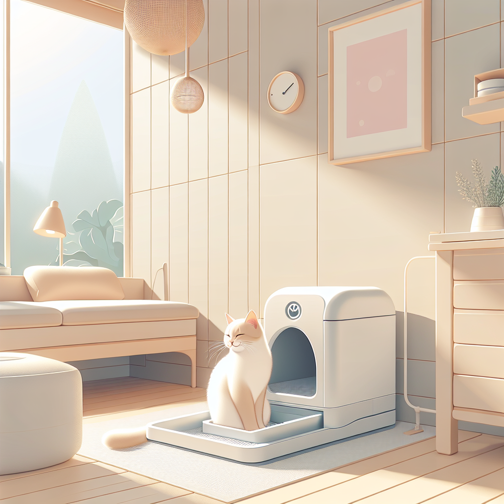 Chat curieux découvrant une litière automatique moderne dans un intérieur chaleureux