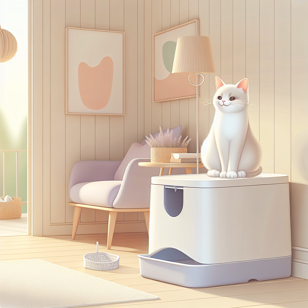 Chat tigré mangeant ses croquettes près d'une litière automatique moderne dans un intérieur contemporain et lumineux