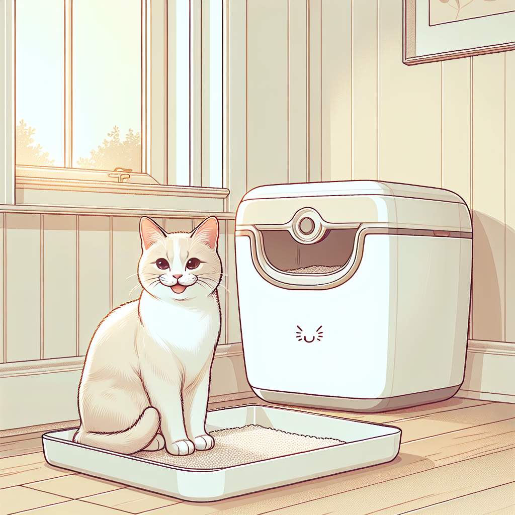 Chat tigré dans une litière moderne examinant ses selles, illustrant la surveillance de la santé digestive féline