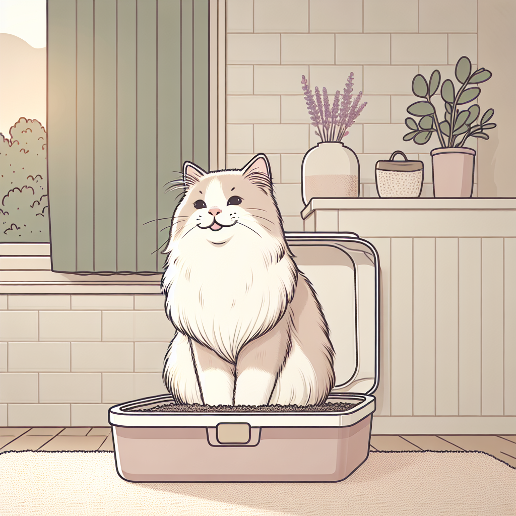 Chat tigré utilisant une litière automatique moderne dans un intérieur lumineux et propre