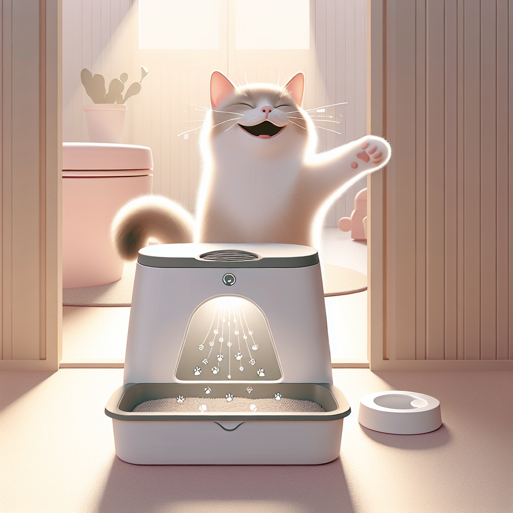 Chat tigré utilisant paisiblement une litière automatique moderne dans un intérieur chaleureux et propre