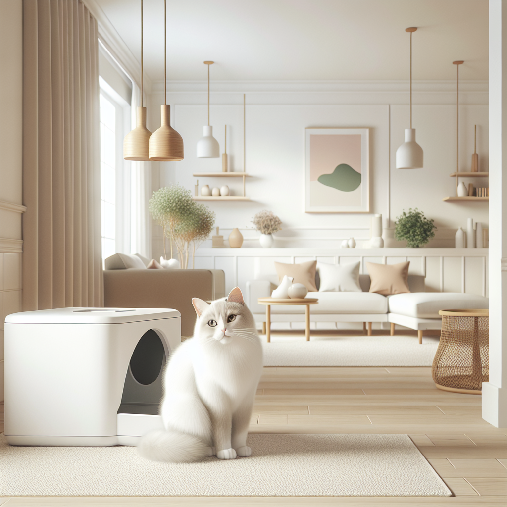 Chat utilisant une litière automatique moderne dans un intérieur propre et lumineux