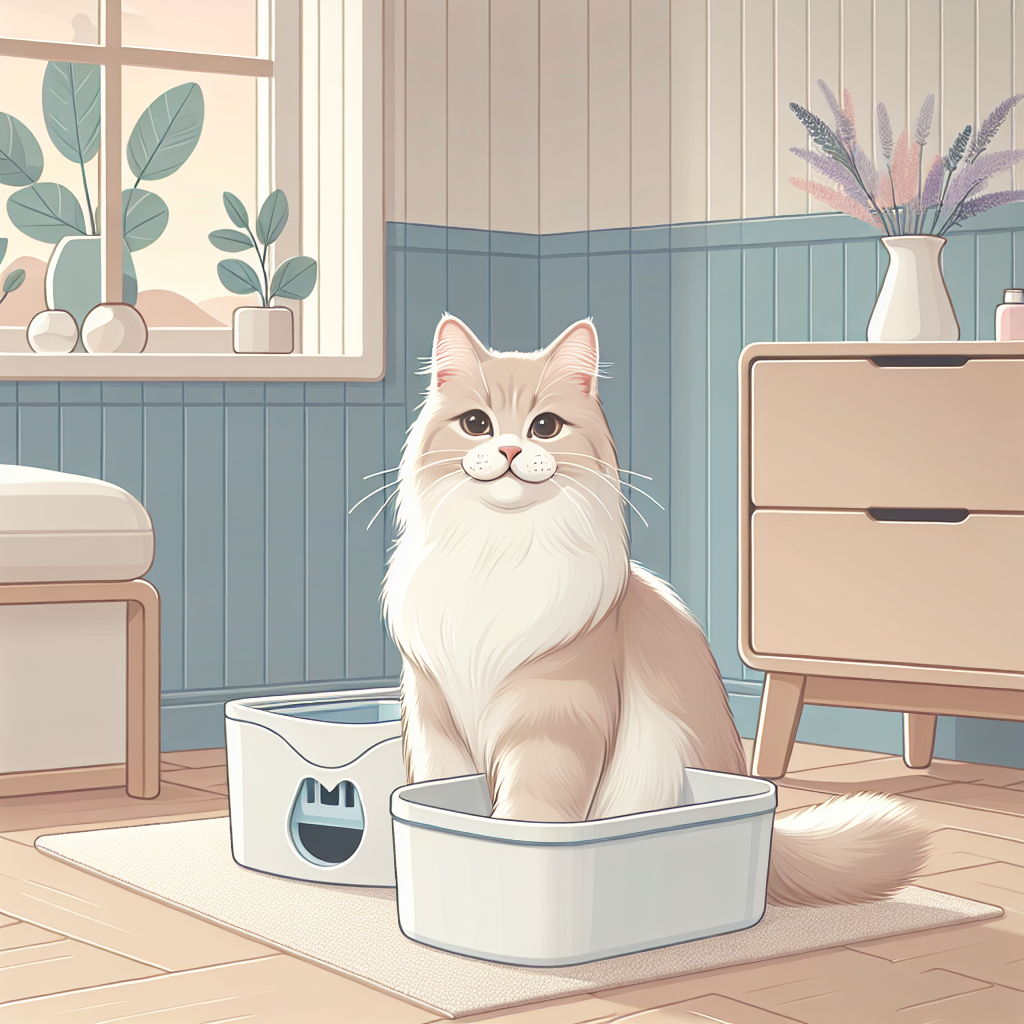 Chat utilisant une litière automatique moderne dans un intérieur propre et lumineux