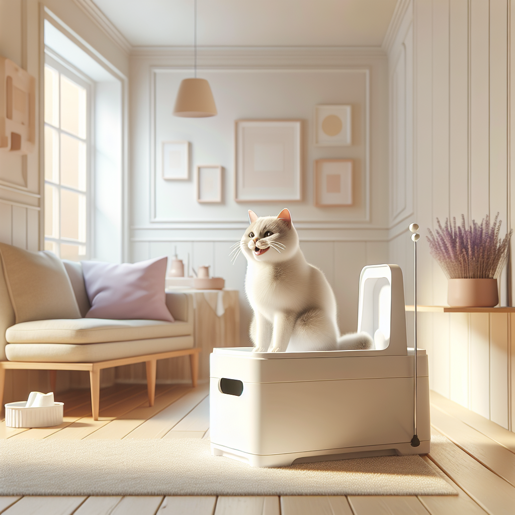 Chat utilisant une litière automatique moderne dans un intérieur épuré et propre