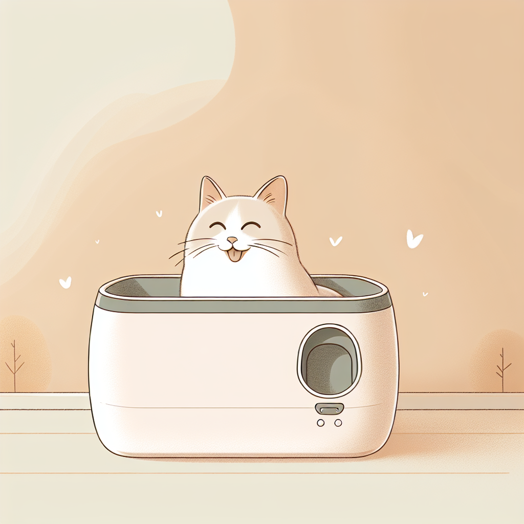 Chat gris utilisant une litière automatique moderne dans un intérieur contemporain et lumineux