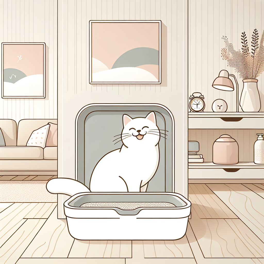 Chat gris utilisant une litière végétale automatique moderne dans un salon lumineux et propre