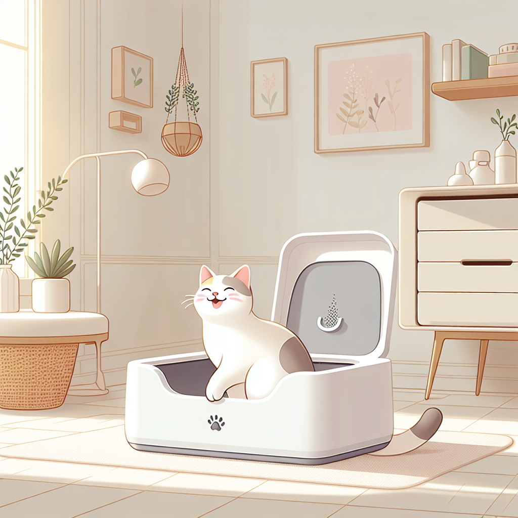 Chat tigré observant avec curiosité une litière automatique moderne dans un intérieur contemporain