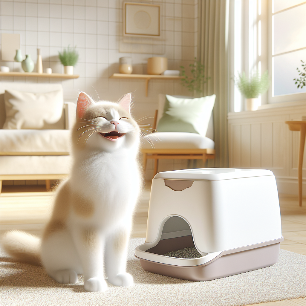 Chaton gris et blanc utilisant une litière automatique moderne dans un intérieur contemporain