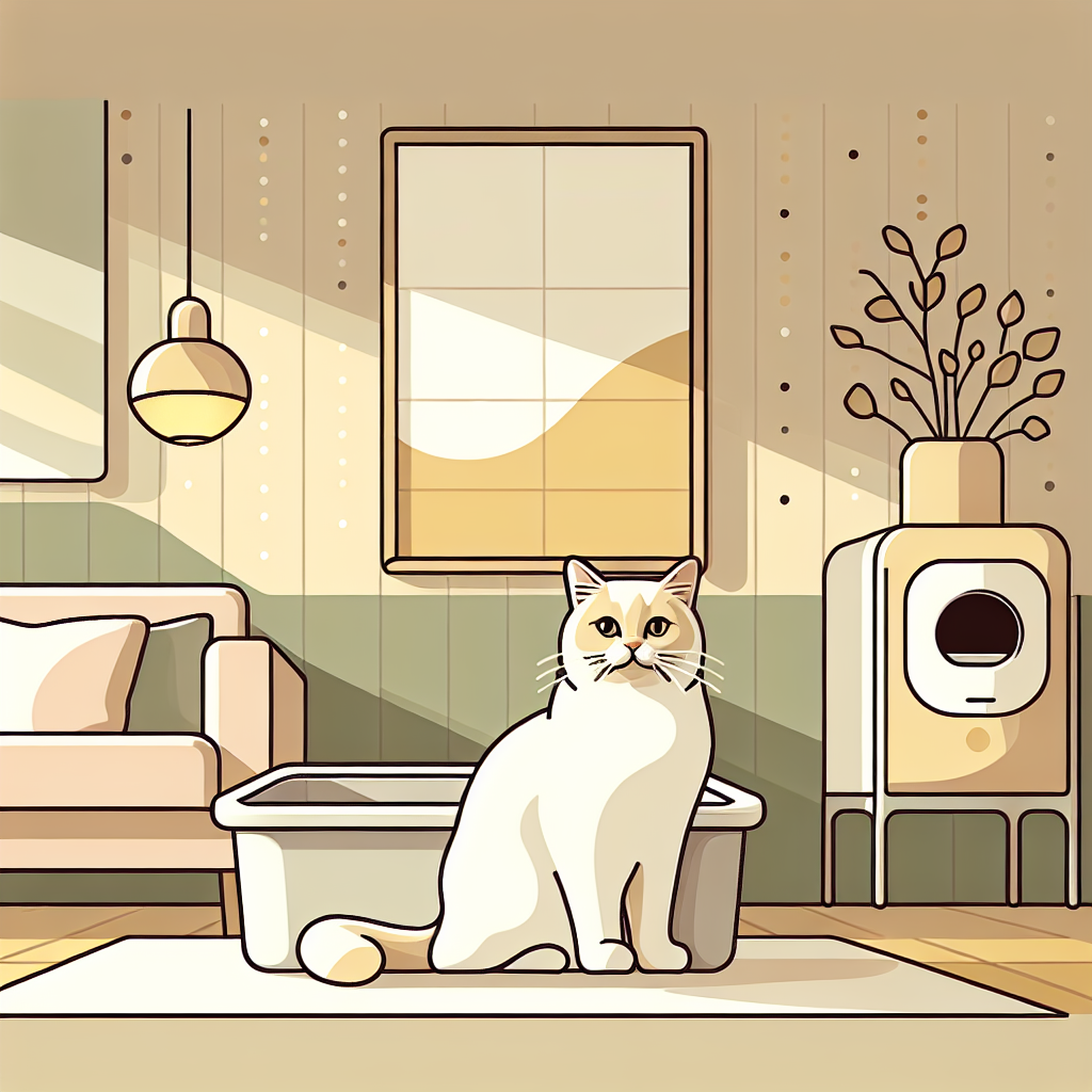 Chat gris utilisant une litière automatique moderne dans un intérieur contemporain et lumineux