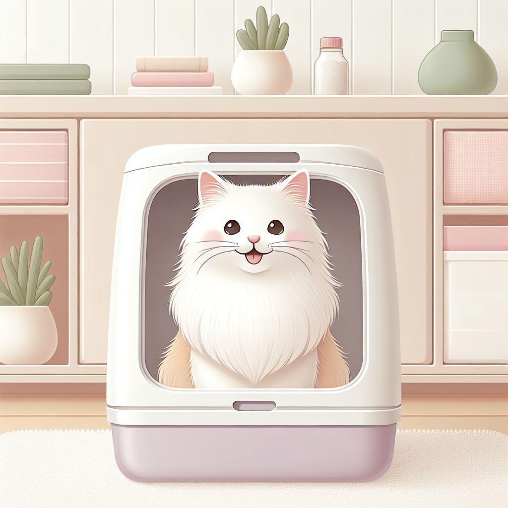 Chat tigré utilisant une litière automatique moderne dans un intérieur contemporain et lumineux