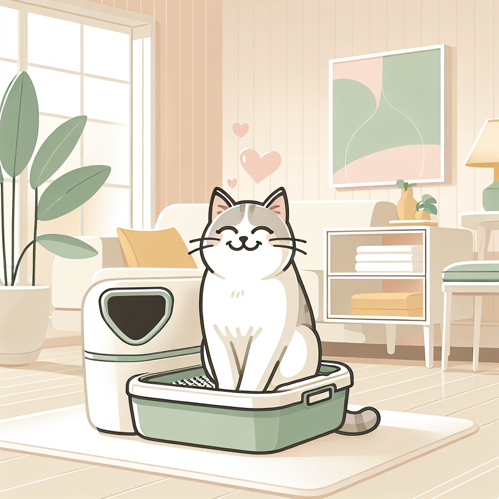 Chat utilisant une litière automatique moderne dans un intérieur contemporain, illustrant le confort et la technologie au service du bien-être félin