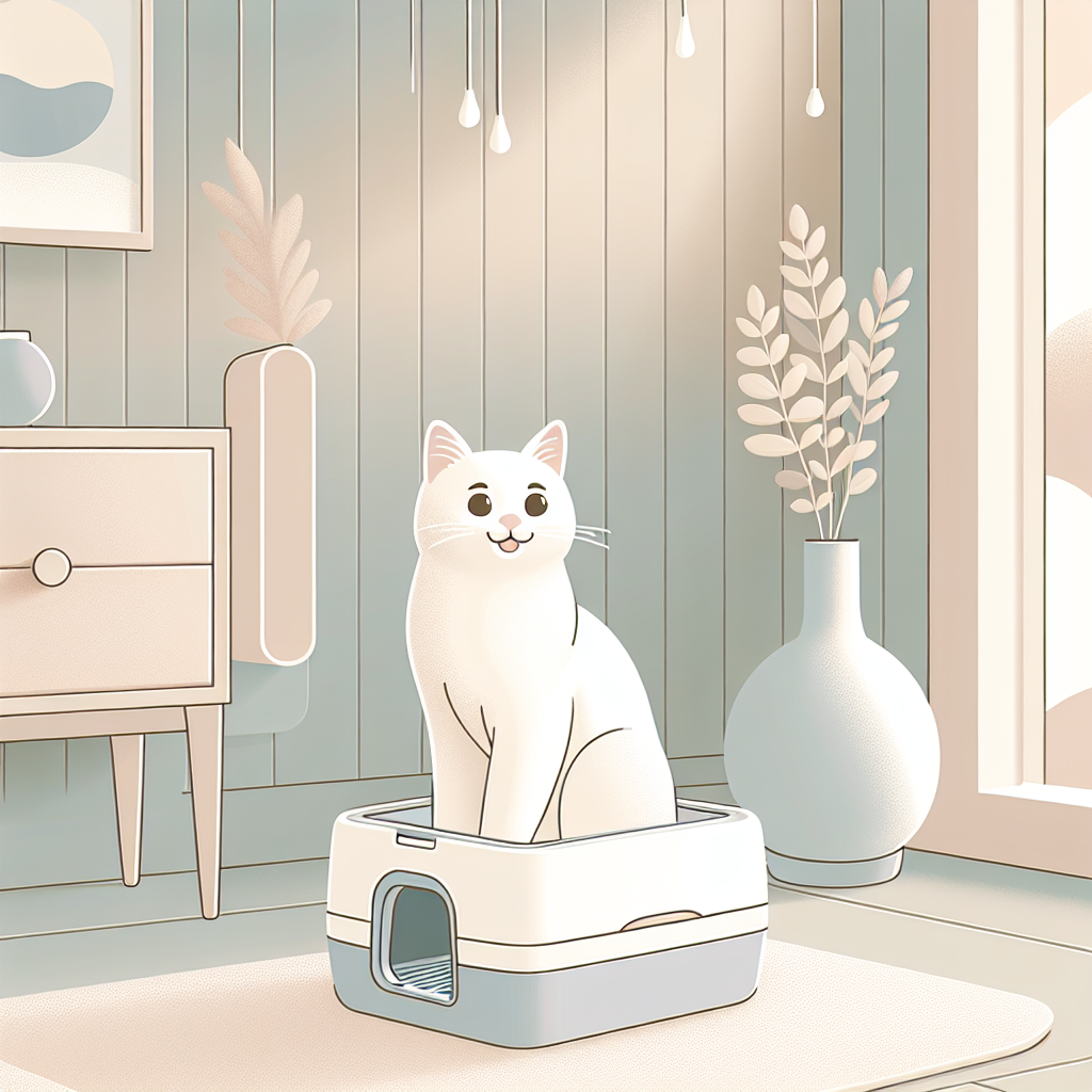 Litière automatique moderne et silencieuse dans un intérieur paisible avec chat détendu