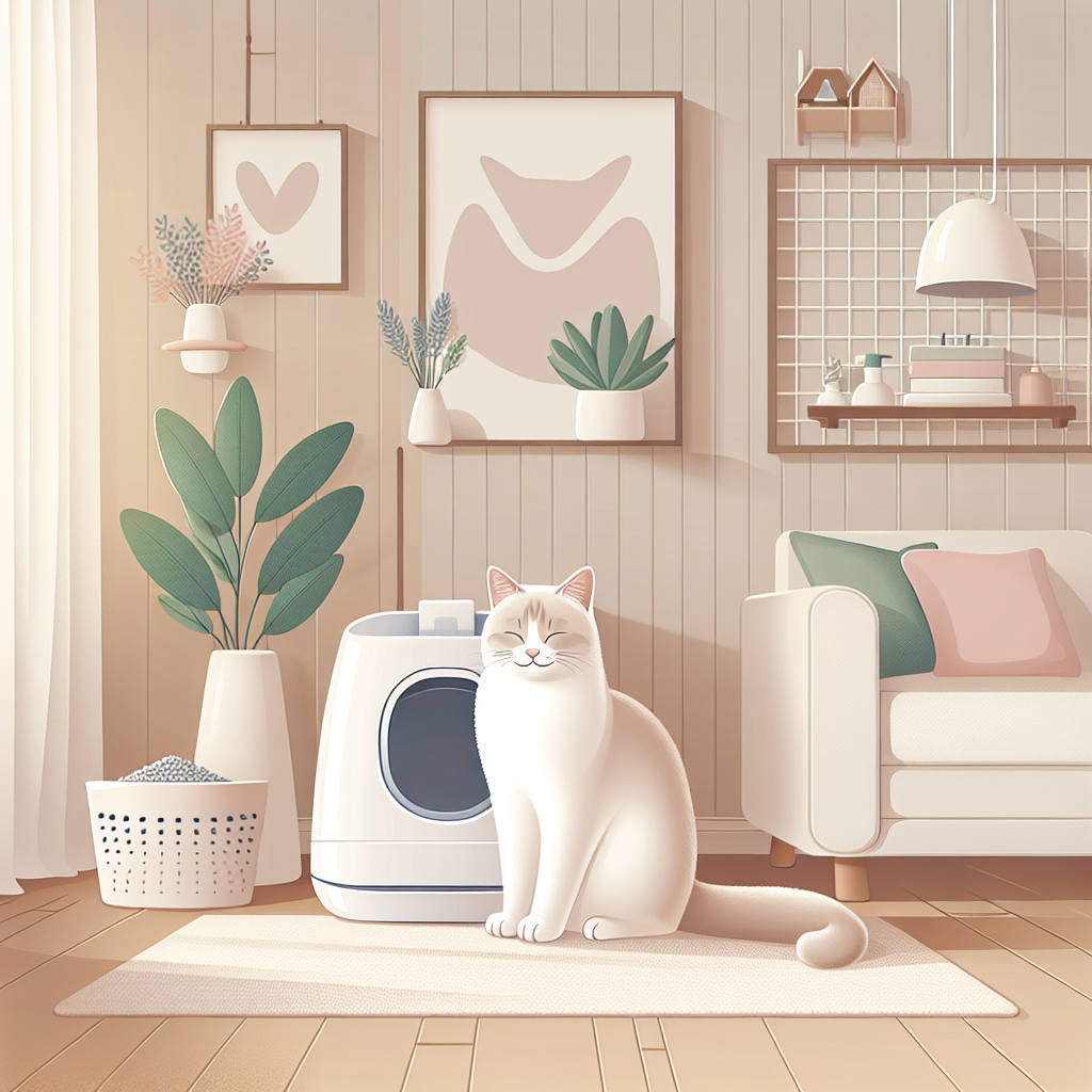 Litière automatique moderne Lala Home dans un intérieur contemporain avec chat tigré à proximité
