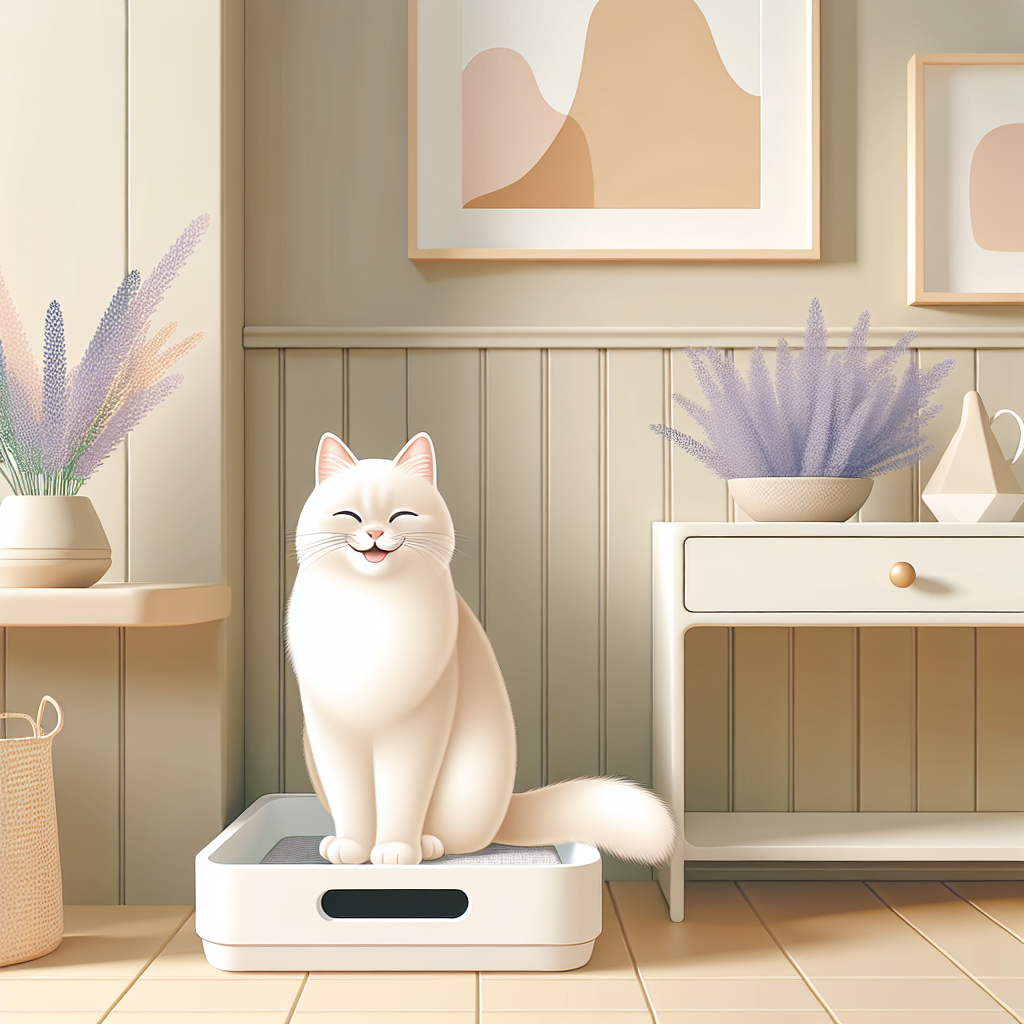 Chat de grande taille utilisant confortablement une litière automatique moderne dans un intérieur chaleureux