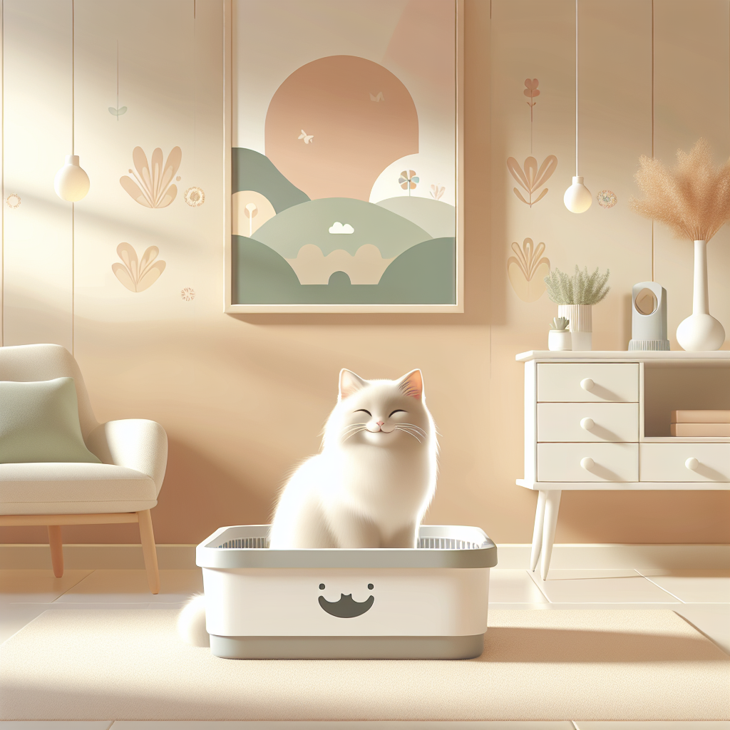 Litière automatique moderne dans un appartement contemporain avec un chat tigré à proximité