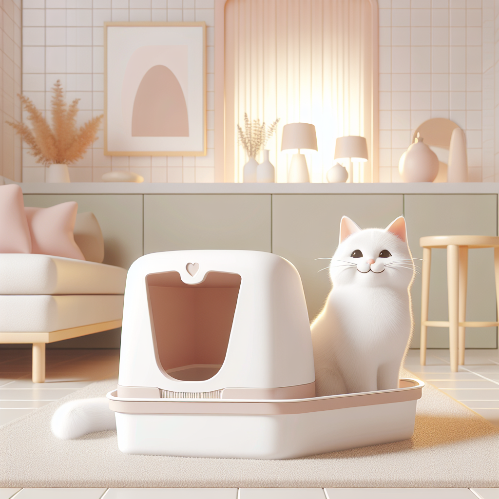 Chat paisible près d'une litière automatique silencieuse dans un intérieur moderne et serein
