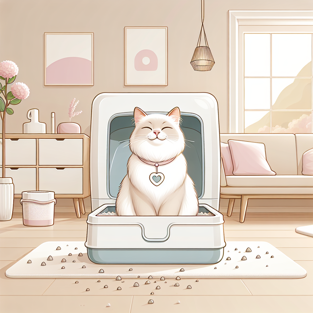 Chat tigré utilisant une litière automatique moderne dans un intérieur contemporain, démontrant la sécurité et le confort de cette solution innovante