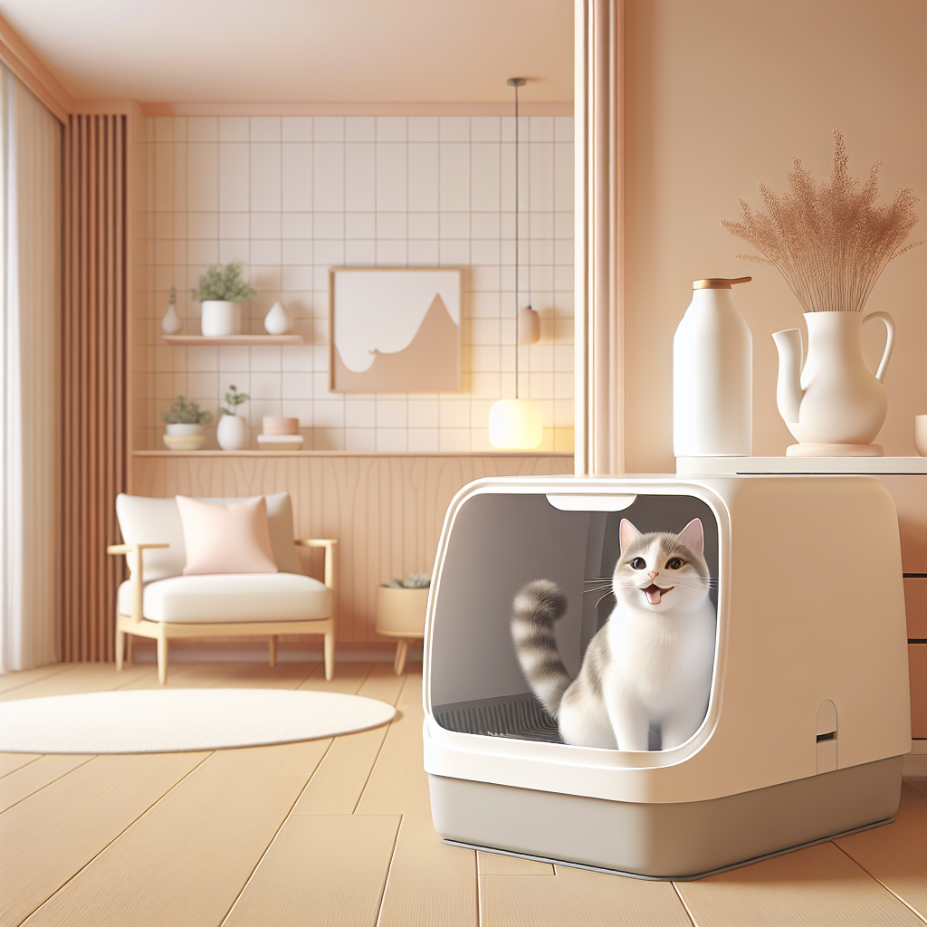 Chat tigré utilisant paisiblement une litière automatique moderne avec système de nettoyage intelligent dans un intérieur contemporain