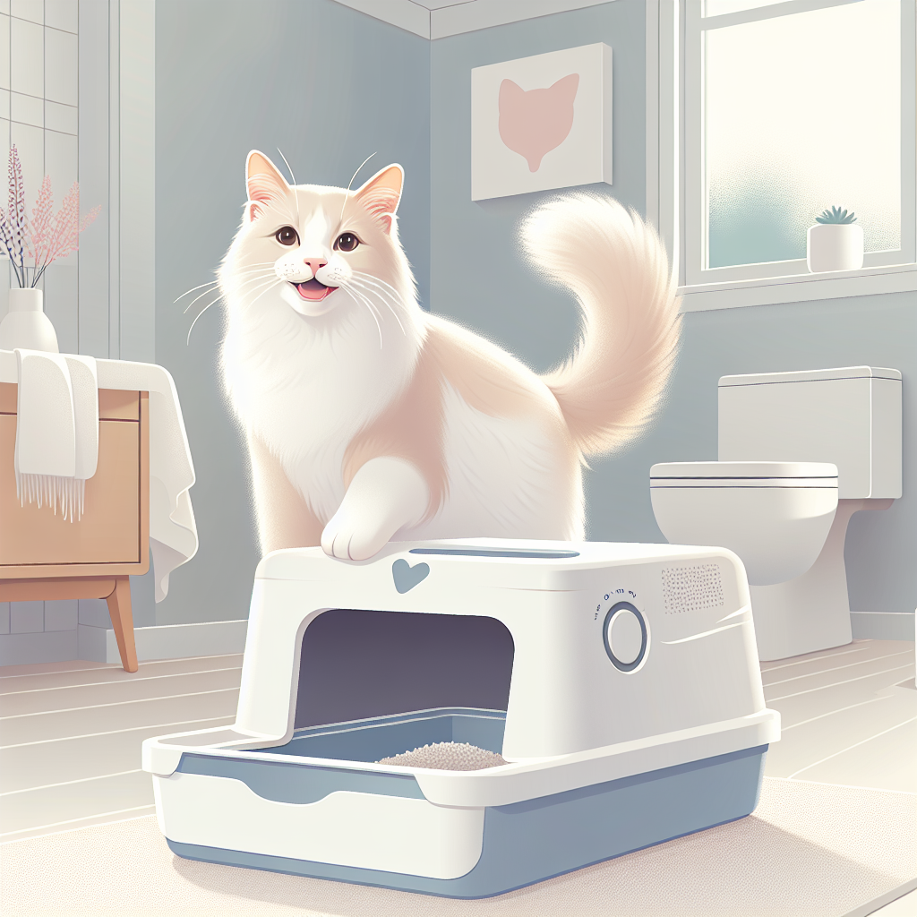 Chat tigré utilisant paisiblement sa litière automatique moderne dans un intérieur lumineux et aéré