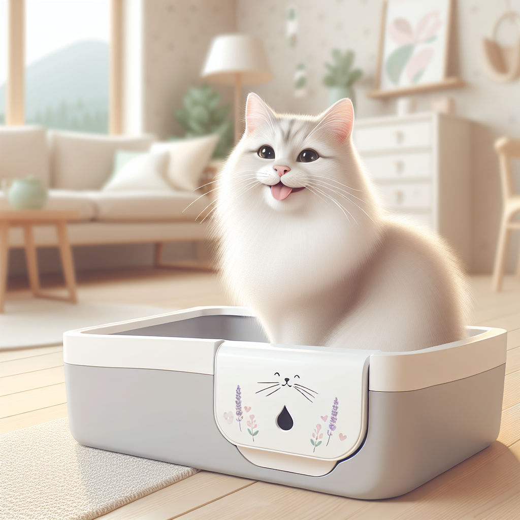 Litière automatique moderne dans un intérieur contemporain avec plusieurs chats l'utilisant naturellement