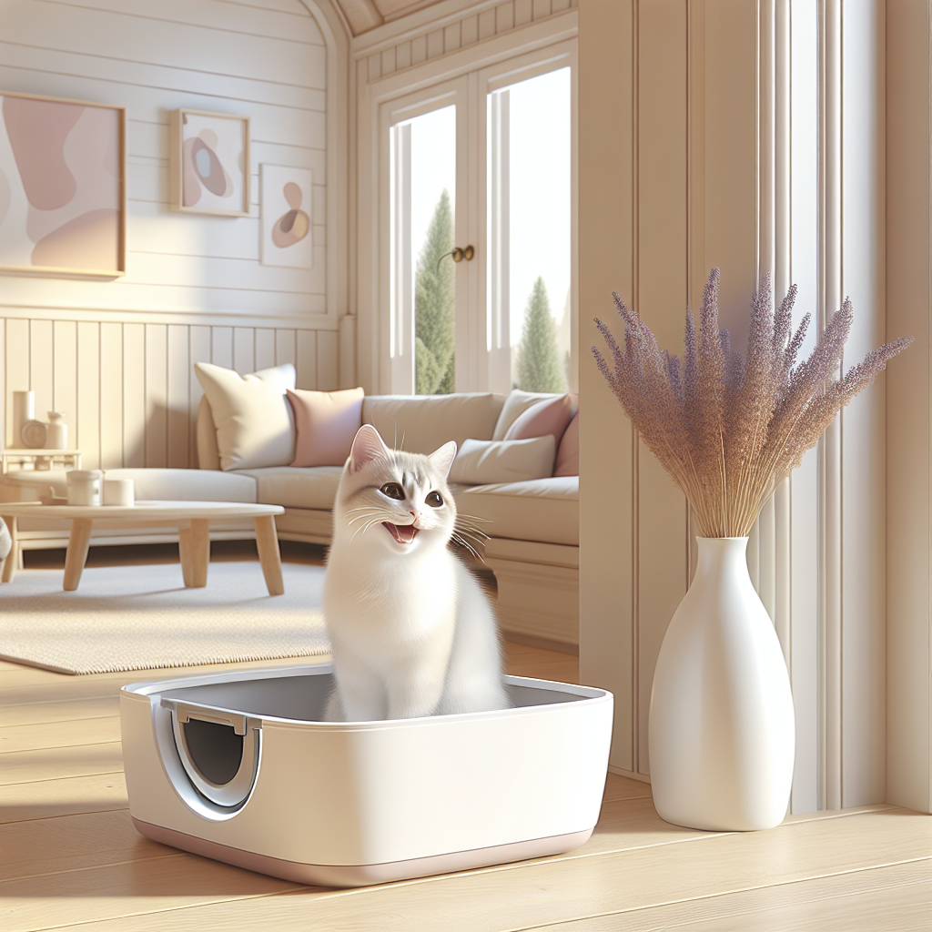 Chat tigré utilisant une litière automatique moderne dans un intérieur contemporain et lumineux