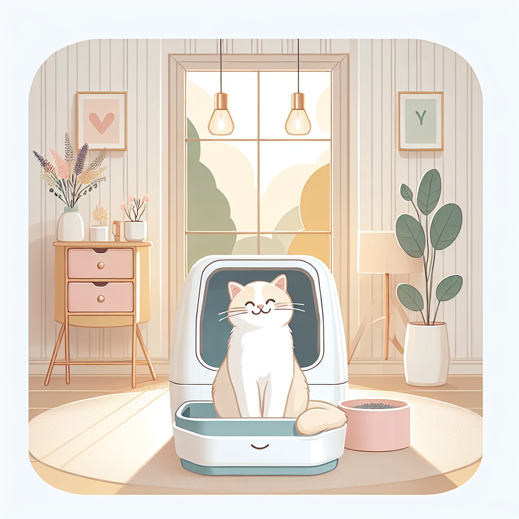 Plusieurs chats utilisant paisiblement une litière automatique moderne dans un intérieur chaleureux et propre