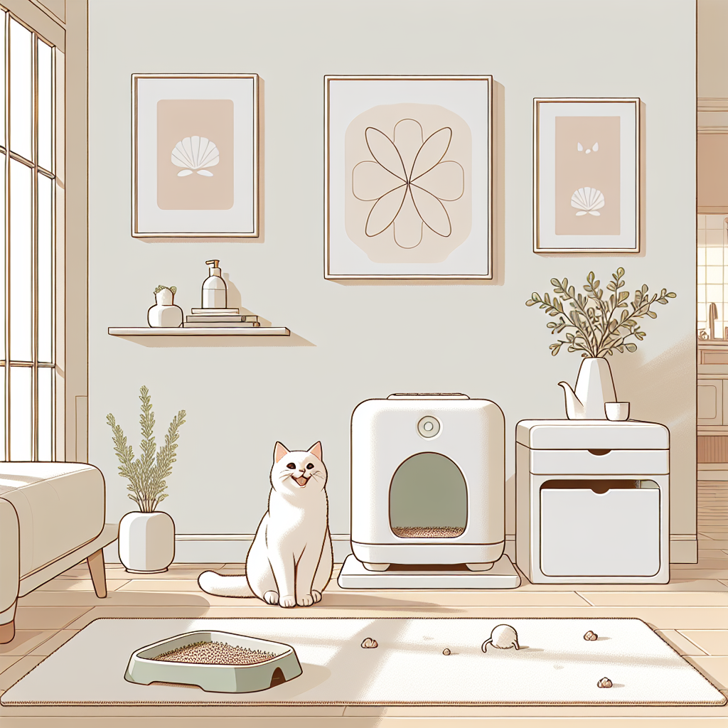 Chat tigré utilisant une litière automatique moderne dans un intérieur contemporain et lumineux