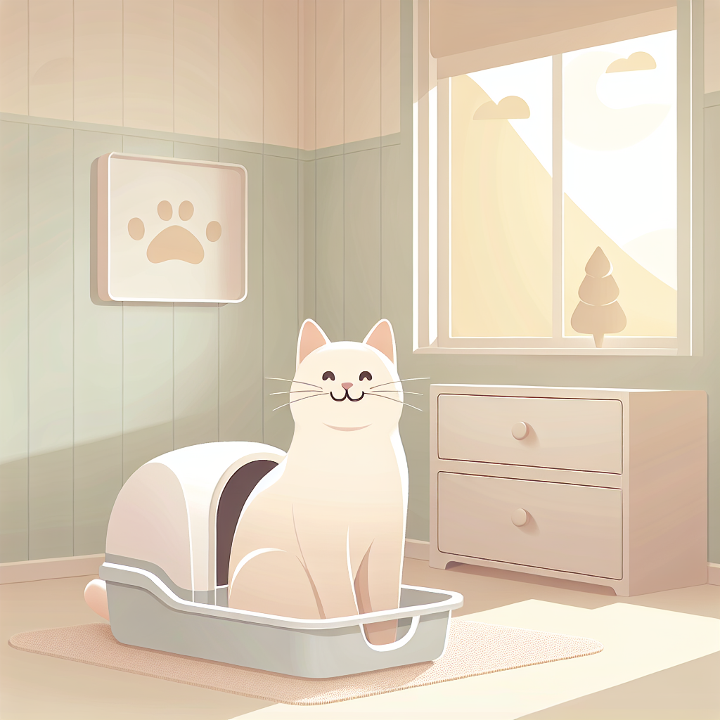 Chat curieux découvrant sa nouvelle litière automatique connectée dans un intérieur moderne et chaleureux