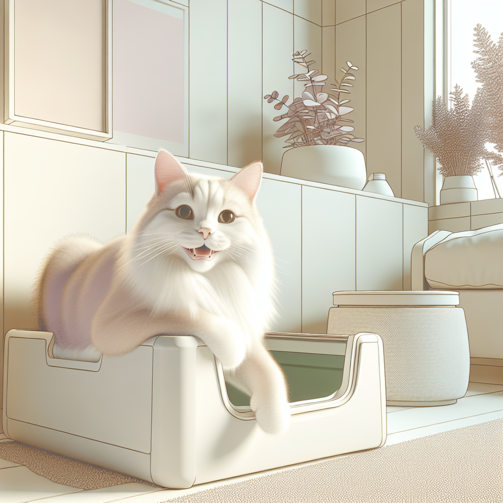 Chat tigré utilisant une litière automatique connectée moderne avec écran digital dans un intérieur contemporain