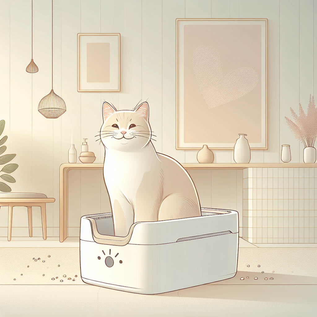 Chat tigré utilisant une litière automatique moderne dans un intérieur contemporain et lumineux