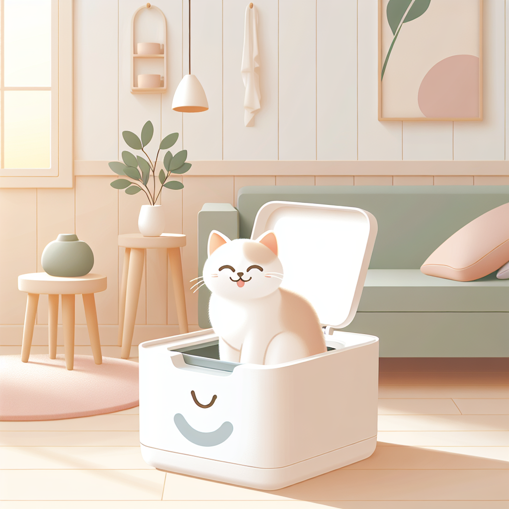 Chat tigré utilisant une litière automatique grande taille dans un salon moderne et lumineux