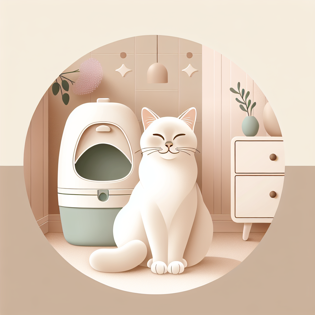 Maine Coon majestueux près de sa litière automatique moderne dans un intérieur contemporain et épuré