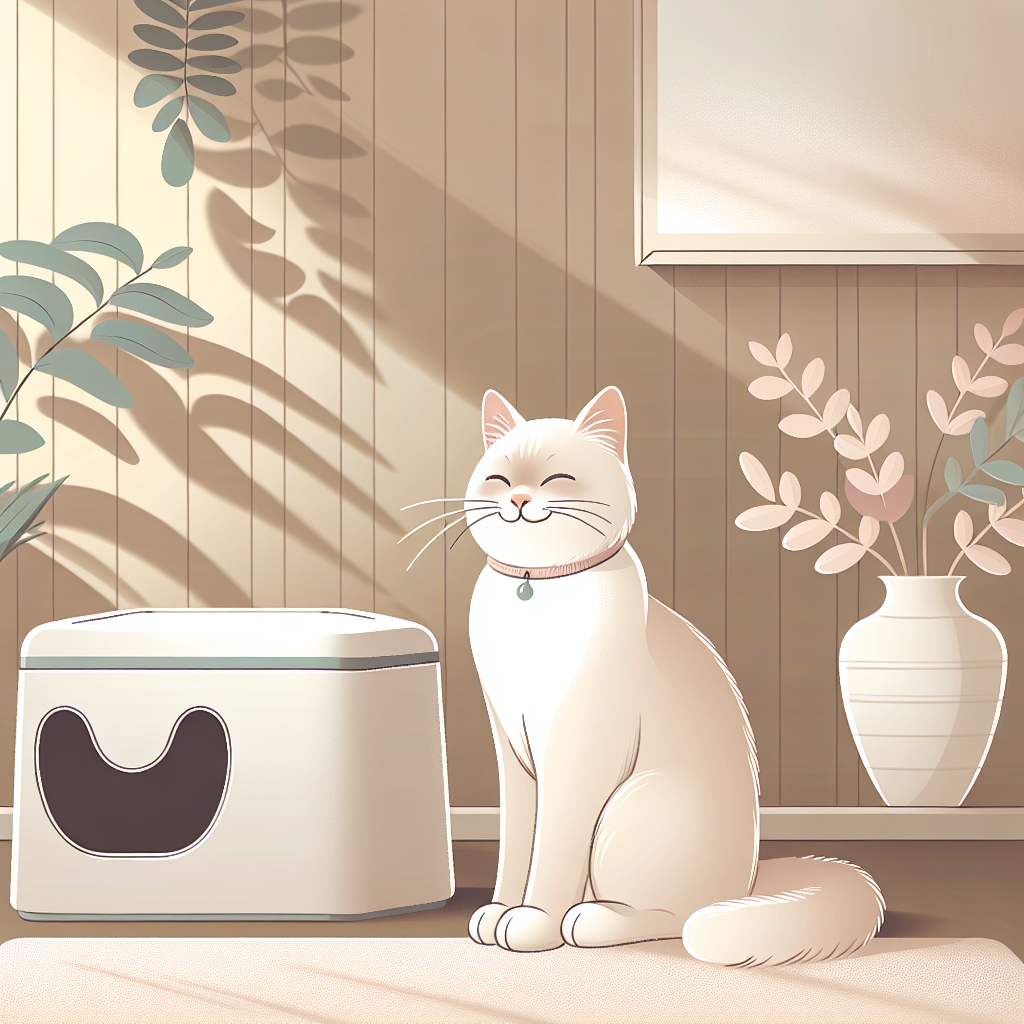 Chat détendu près de sa litière automatique moderne dans un intérieur chaleureux