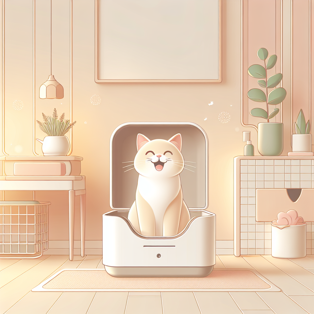 Chat convalescent près d'une litière automatique moderne dans un intérieur paisible et propre