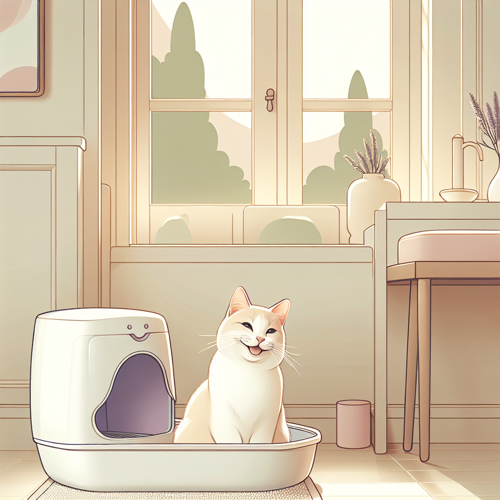 Plusieurs chats utilisant une litière automatique moderne dans un intérieur contemporain et lumineux