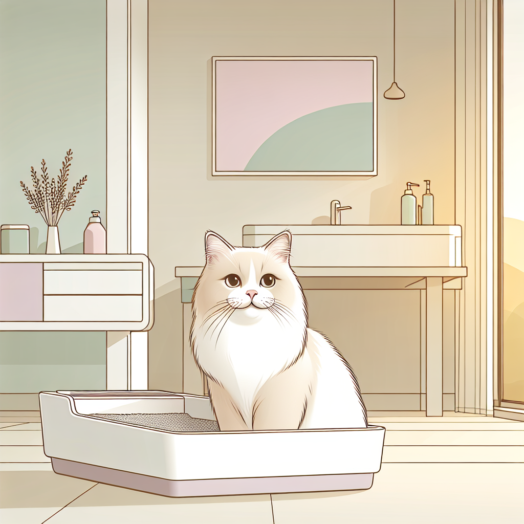 Chat sortant proprement d'une litière moderne sans traces aux pattes dans un intérieur soigné