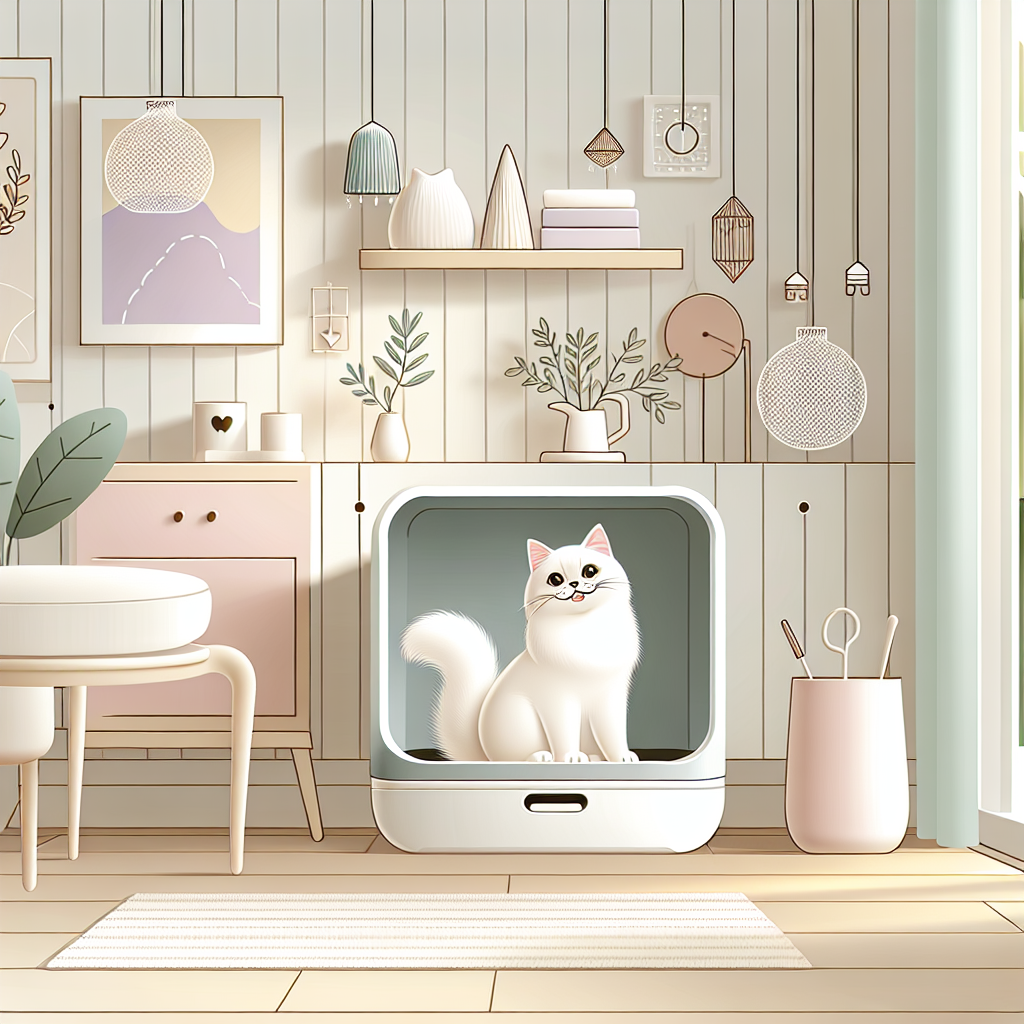 Chat tigré utilisant une litière automatique moderne avec capteurs de poids dans un intérieur contemporain