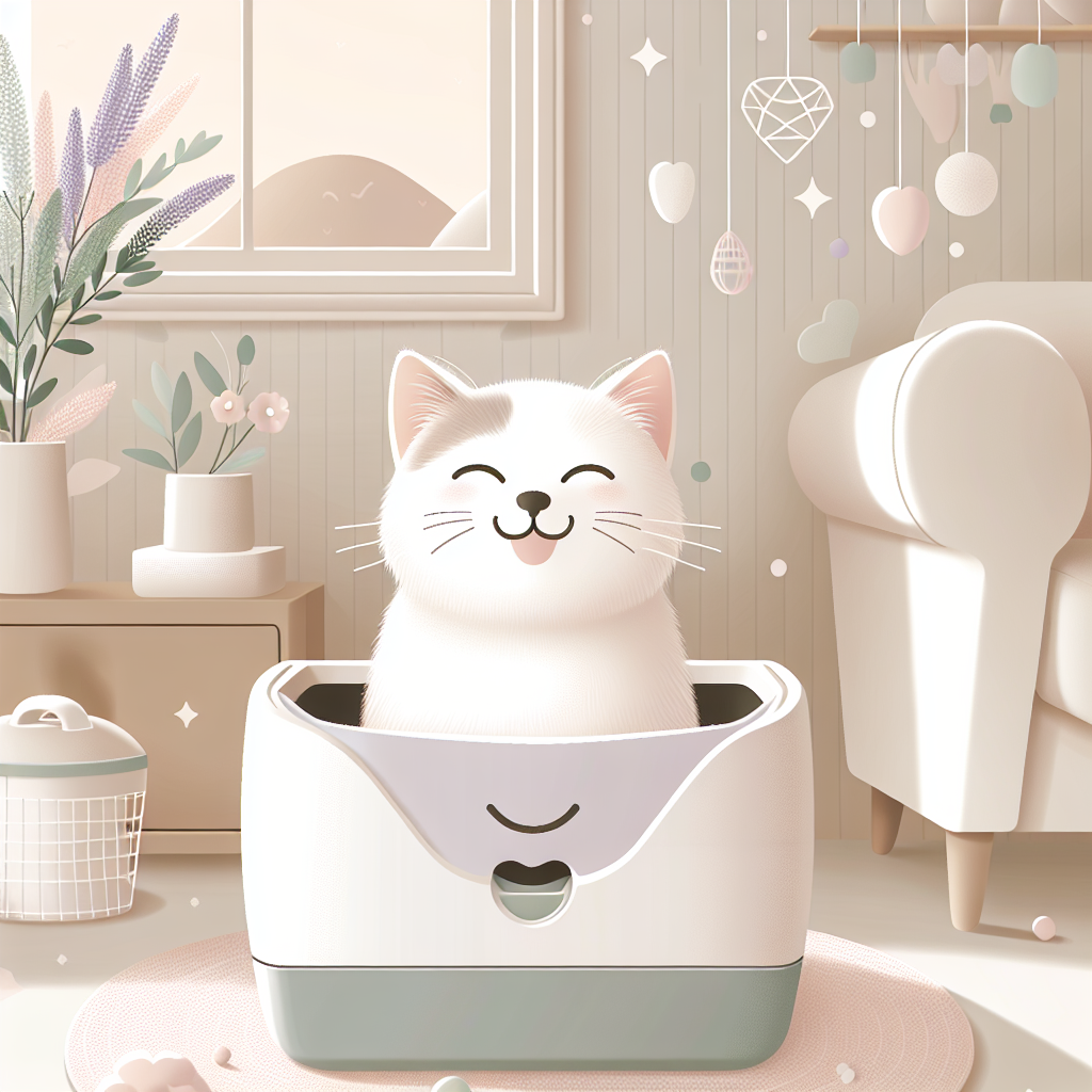 Chat tigré s'approchant d'une litière automatique moderne avec capteurs de sécurité dans un intérieur contemporain