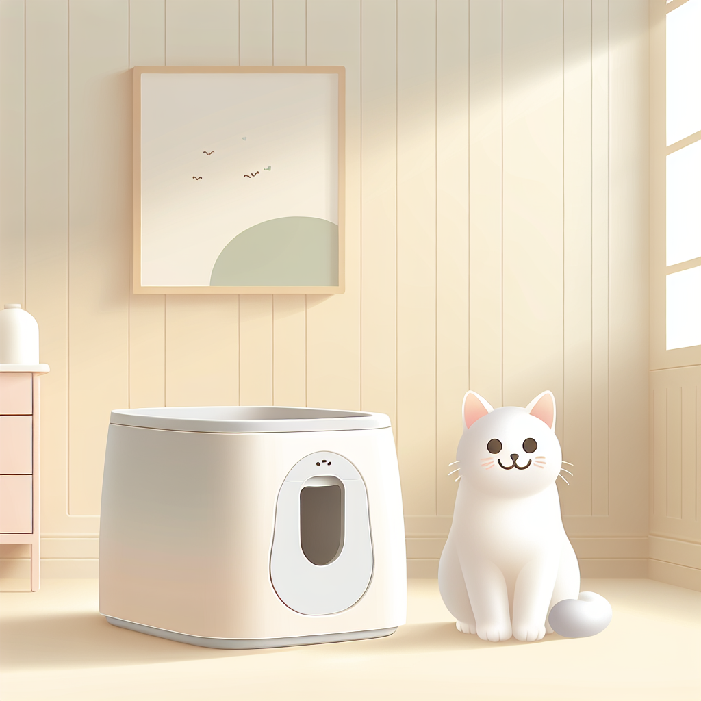 Chat tigré utilisant une litière automatique moderne dans un intérieur contemporain