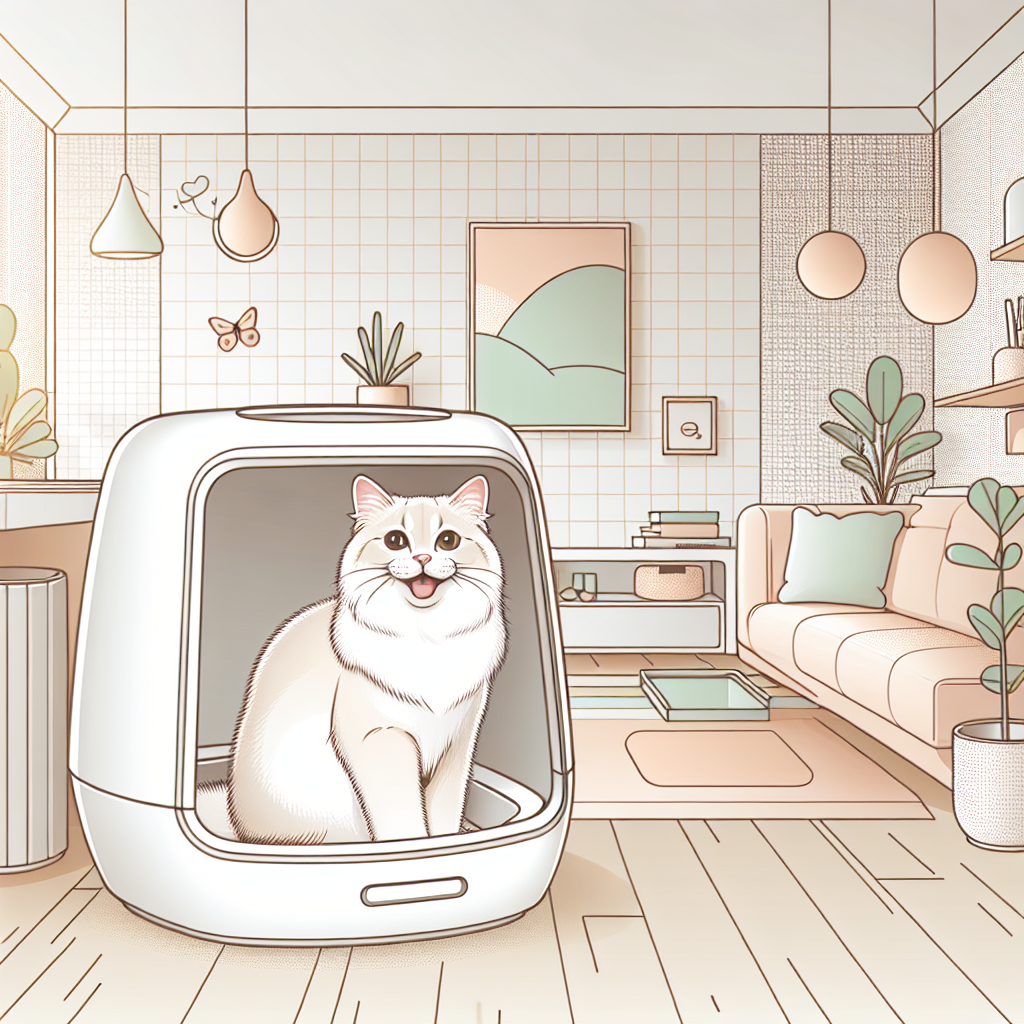 Chat tigré utilisant une litière automatique moderne dans un intérieur contemporain et épuré