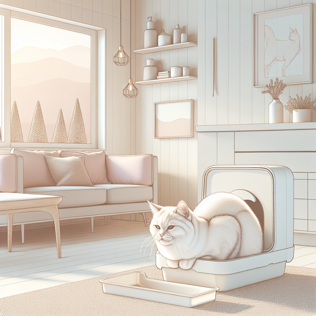 Chat utilisant une litière automatique moderne avec litière végétale agglomérante dans un intérieur contemporain