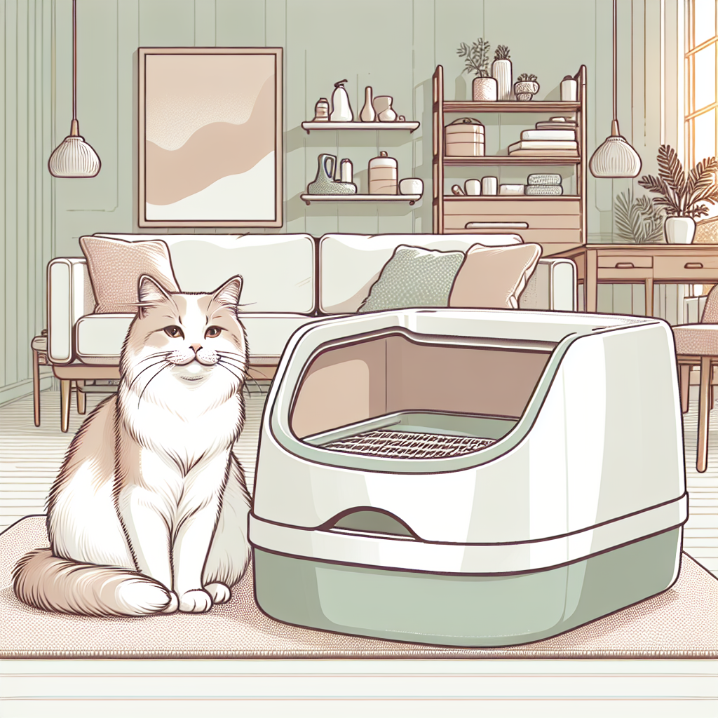 Chat tigré utilisant une litière automatique moderne dans un intérieur contemporain et épuré
