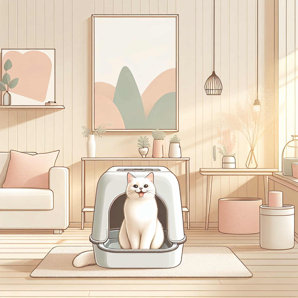 Chat utilisant une litière végétale moderne dans un intérieur lumineux et propre