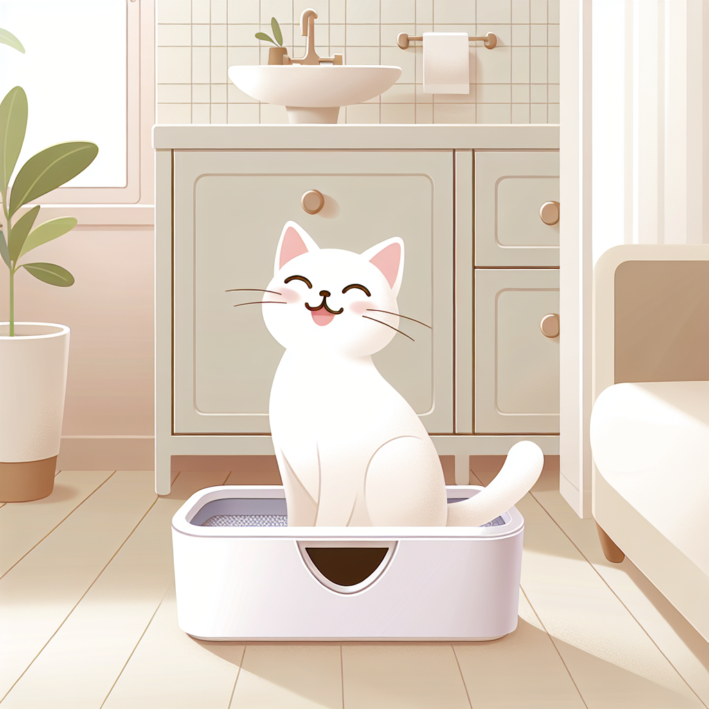 Chat tigré utilisant confortablement sa litière végétale moderne sans poussière dans un intérieur lumineux et serein